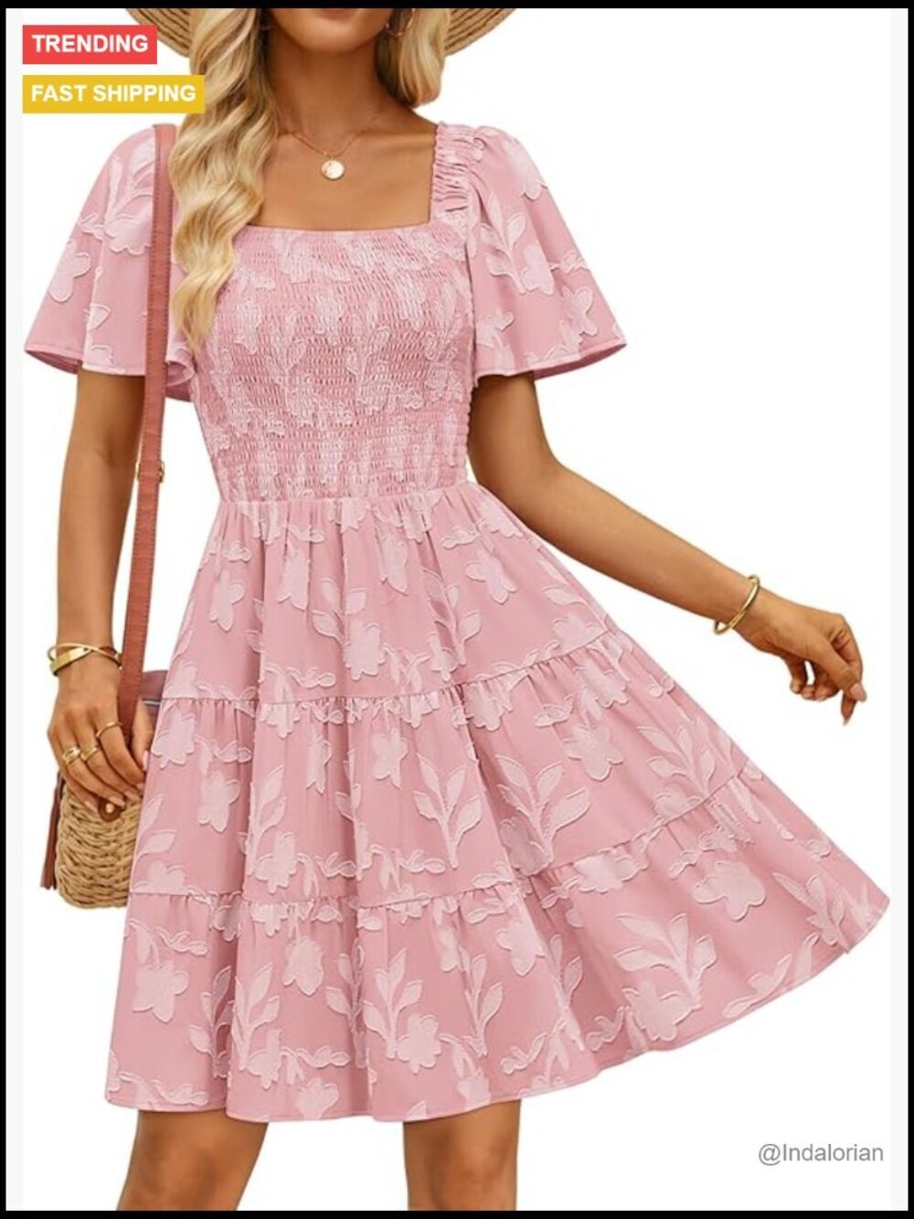 Boho Floral Mini Dress Square Neck Short Sleeve Smocked A-Line